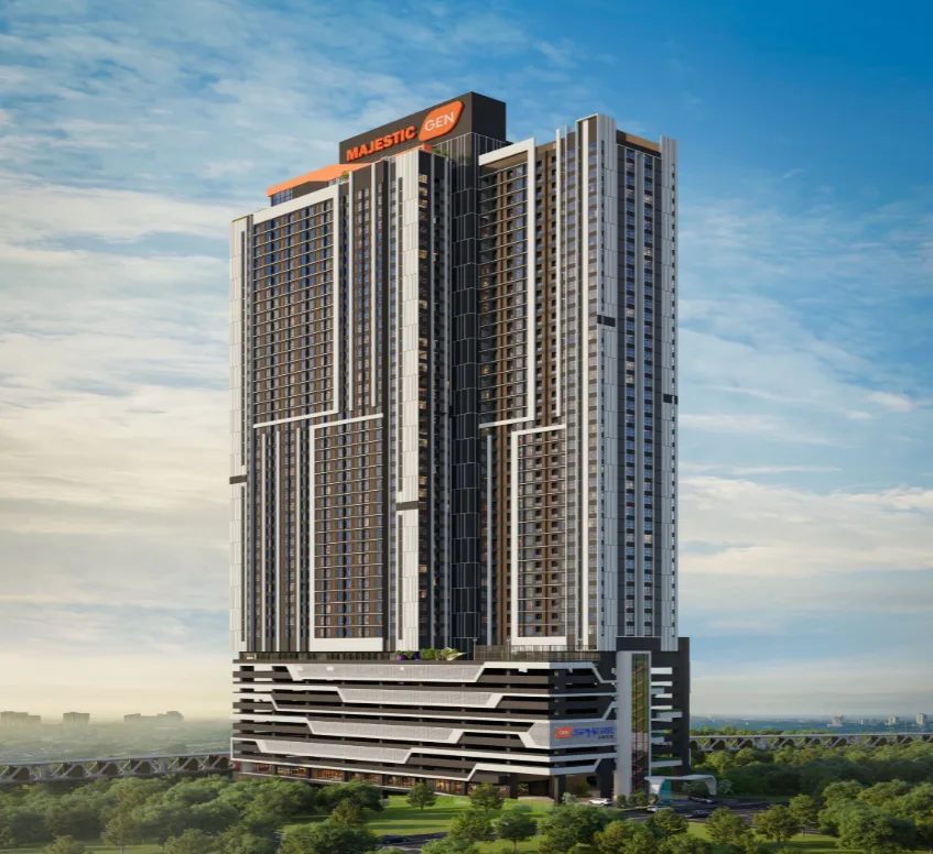 Gen Sphere tower facade render at dusk with the Majestic Gen brand signage on the crown